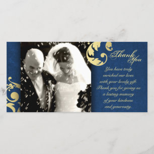 結婚s Thank You Photo Card - Blue金ゴールドテクスチャ サンキューカード