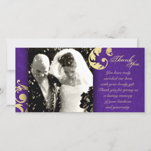 結婚s Thank You Photo Card - Purple金ゴールドテクスチャ サンキューカード (正面)