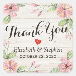 結婚s Thank You Water Color Flowers Wood素朴 スクエアシール