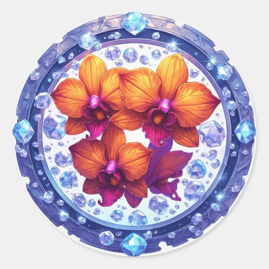 結晶に埋め込まれた蘭の花 ラウンドシール (正面)