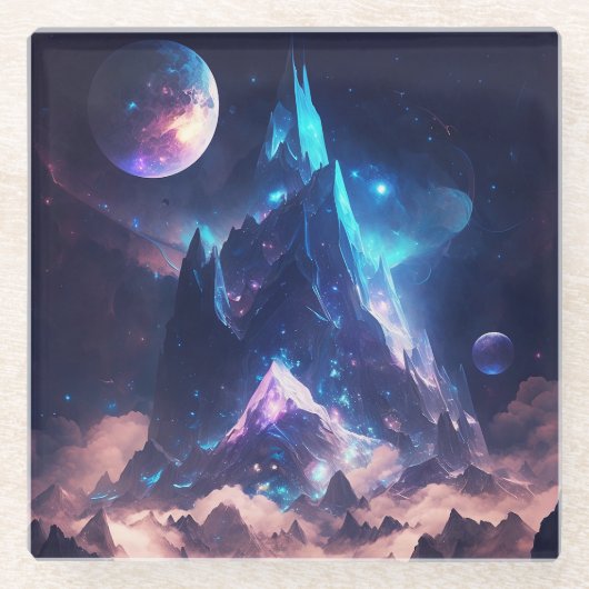 結晶の山のファンタジー景観 ガラスコースター (正面)