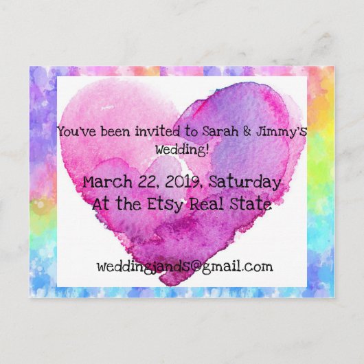 絞り染めのハートの結婚式招待状 案内ポストカード (裏面)
