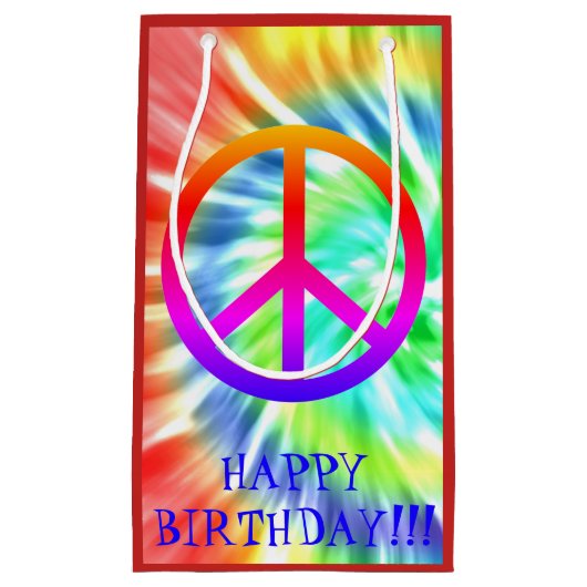 絞り染めのピースサインのハッピーバースデーのギフトバッグ スモールペーパーバッグ (正面)