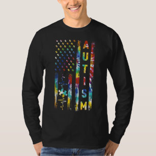 絞り染めアメリカ国旗の自閉症啓発サポートティー Tシャツ