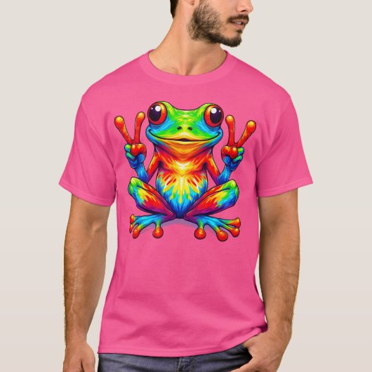 絞り染めカエル動物の平和サイン Tシャツ (正面)