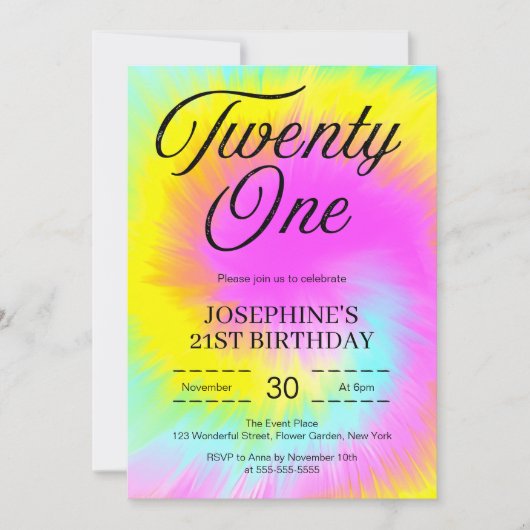 絞り染めカラフルパステルボホ21歳誕生日 招待状 (正面)