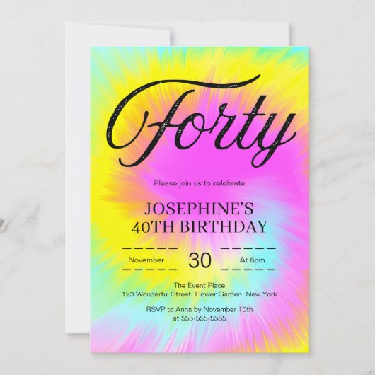 絞り染めカラフルパステルボホ40歳の誕生日 招待状 (正面)