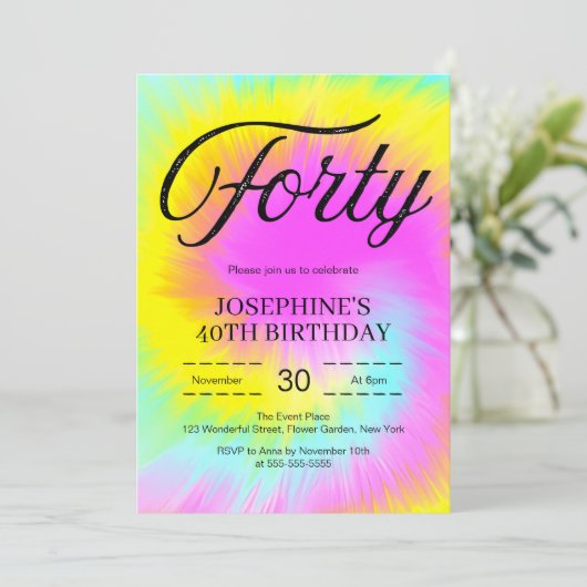 絞り染めカラフルパステルボホ40歳の誕生日 招待状 (スタンド正面)