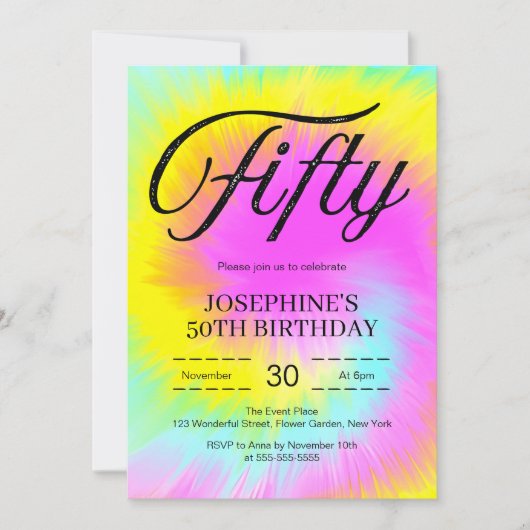 絞り染めカラフルパステルボホ50th誕生日 招待状 (正面)