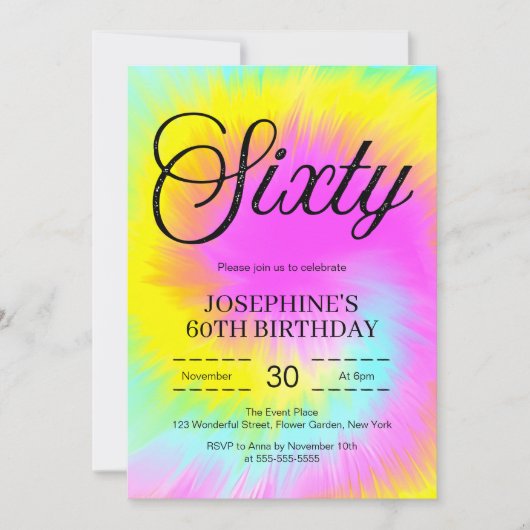 絞り染めカラフルパステルボホ60th誕生日 招待状 (正面)
