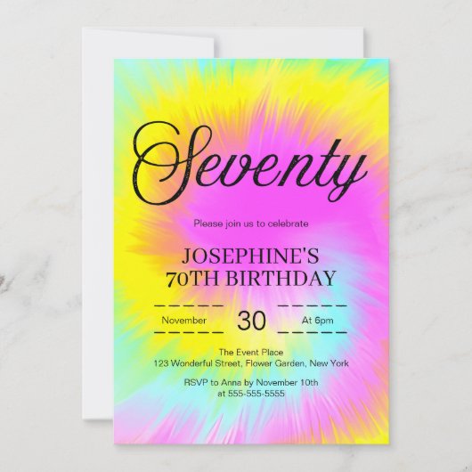 絞り染めカラフルパステルボホ70th誕生日 招待状 (正面)
