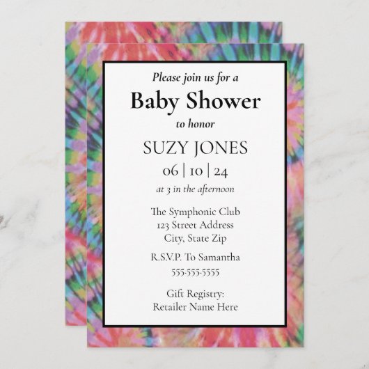 絞り染めカラフルレインボーヒッパイベイビーシャワー 招待状 (正面/裏面)