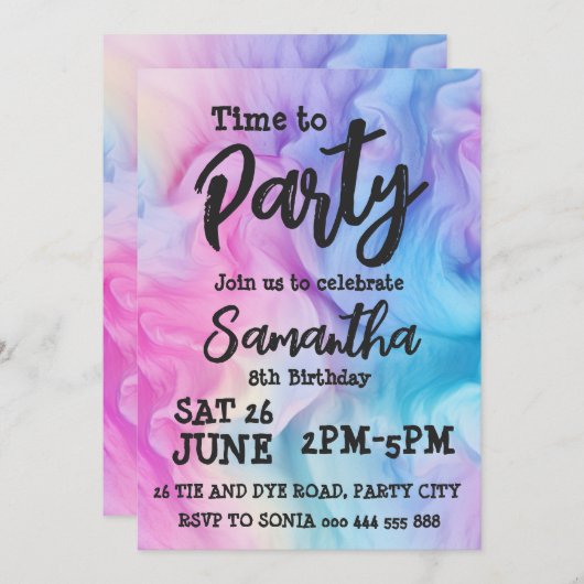 絞り染めガールレインボーバースデーパーティーへの招待 招待状 (正面/裏面)
