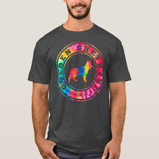 絞り染めゴールデンシェパードドッグママパパペット恋人 Tシャツ (正面)