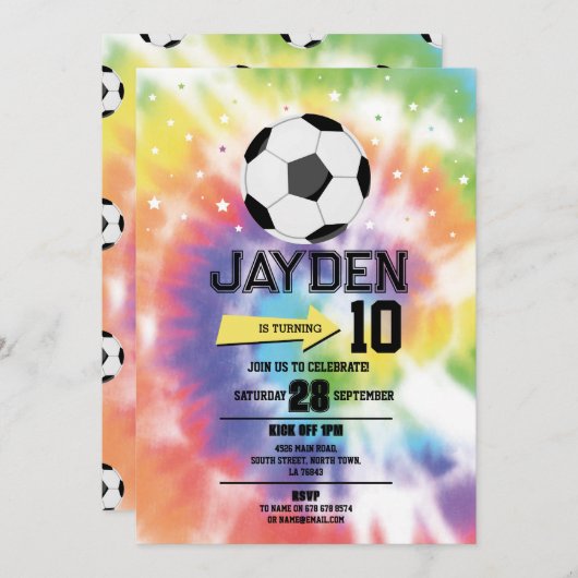 絞り染めサッカーサッカー誕生日パーティボーイズガールズ 招待状 (正面/裏面)
