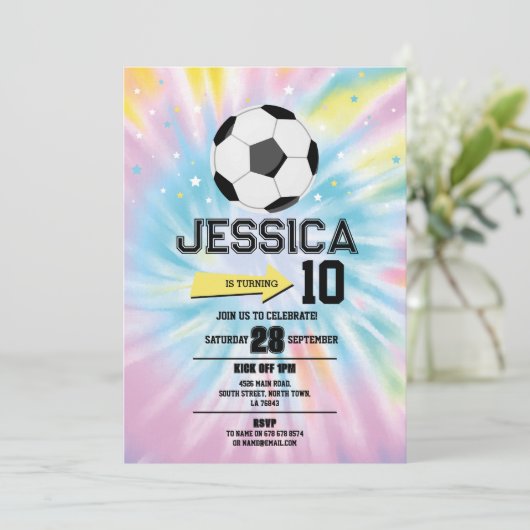 絞り染めサッカーサッカー誕生日パーティーピンクガールズ 招待状 (スタンド正面)