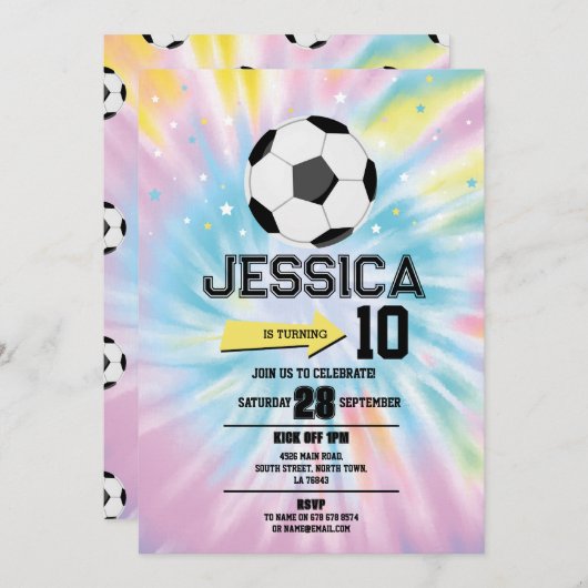 絞り染めサッカーサッカー誕生日パーティーピンクガールズ 招待状 (正面/裏面)