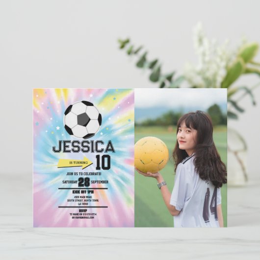 絞り染めサッカーサッカー誕生日女子ピンク写真 招待状 (スタンド正面)