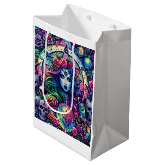 絞り染めトリップ（幻覚体験）のようなハロウィーン魔女の女神ギフトラップ ミディアムペーパーバッグ (正面アングル)