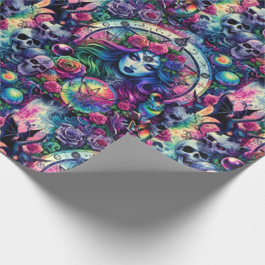 絞り染めトリップ(幻覚体験)のようなハロウィーン魔女の女神ギフトラップ ラッピングペーパー (角)