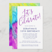 絞り染めネオンパープルアクアライムアエージ誕生日 招待状 (正面/裏面)