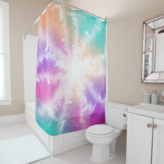 絞り染めパステルウォーターカラーピンクオレンジティール（緑がかった色）パープル シャワーカーテン (インサイチュ)