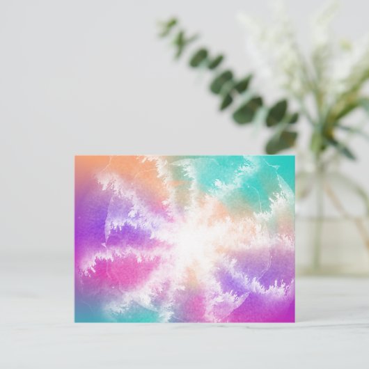 絞り染めパステルウォーターカラーピンクオレンジティール(緑がかった色)パープル シーズンポストカード (スタンド正面)