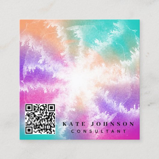 絞り染めパステルウォーターカラーピンクオレンジティール（緑がかった色）パープル スクエア名刺 (正面)
