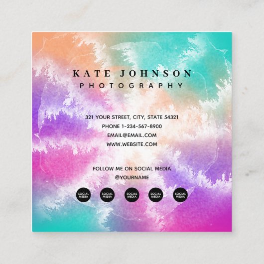 絞り染めパステルウォーターカラーピンクオレンジティール(緑がかった色)パープル スクエア名刺 (裏面)
