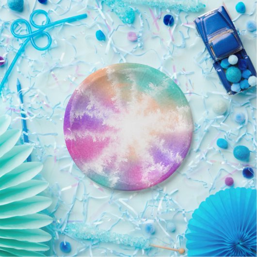 絞り染めパステルウォーターカラーピンクオレンジティール（緑がかった色）パープル ペーパープレート (パーティー)