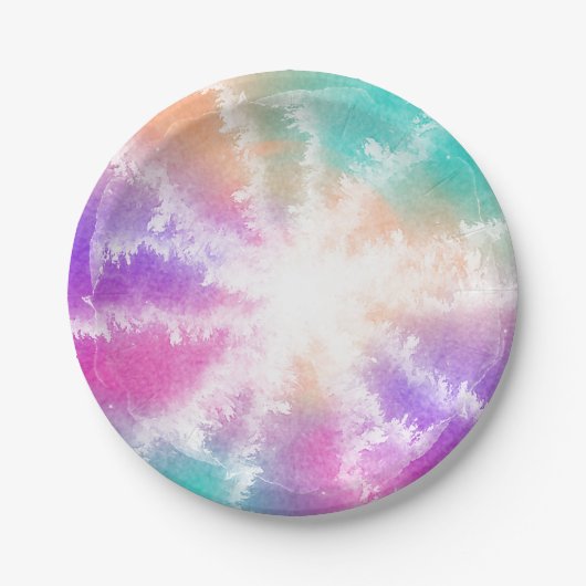 絞り染めパステルウォーターカラーピンクオレンジティール（緑がかった色）パープル ペーパープレート (正面)