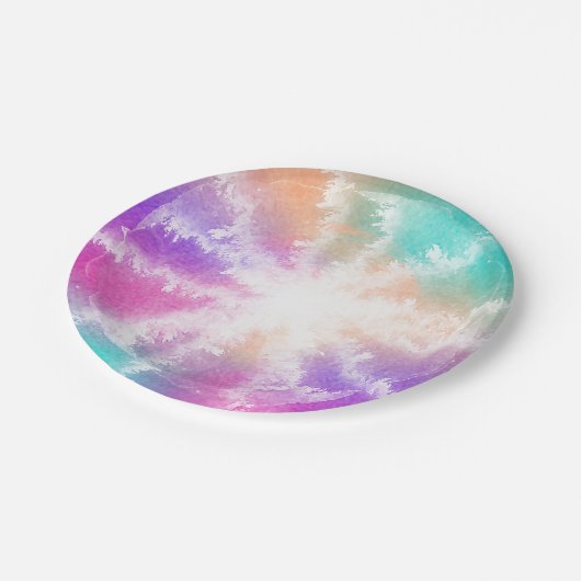 絞り染めパステルウォーターカラーピンクオレンジティール(緑がかった色)パープル ペーパープレート (アングル)