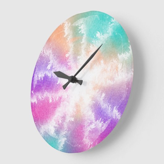 絞り染めパステルウォーターカラーピンクオレンジティール（緑がかった色）パープル ラージ壁時計 (傾斜)