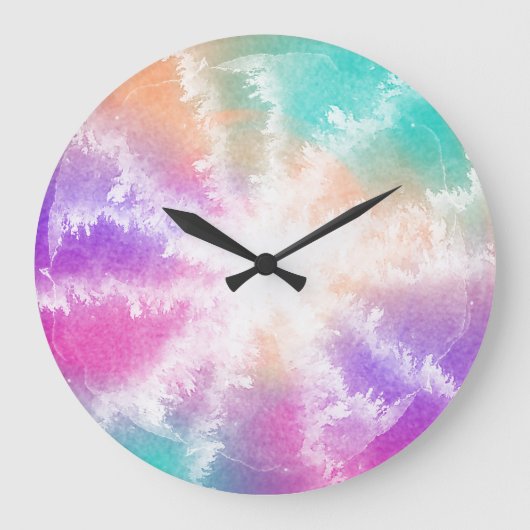 絞り染めパステルウォーターカラーピンクオレンジティール（緑がかった色）パープル ラージ壁時計 (正面)