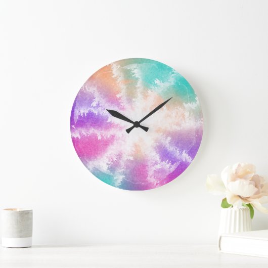 絞り染めパステルウォーターカラーピンクオレンジティール（緑がかった色）パープル ラージ壁時計 (ホーム)