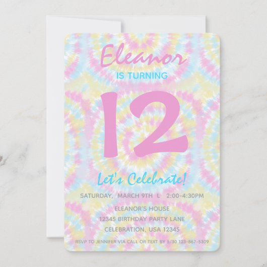 絞り染めパステルガールバースデーパーティー招待 招待状 (正面)