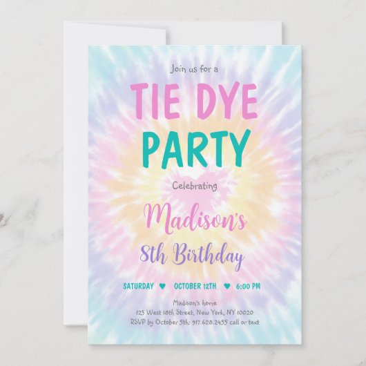 絞り染めパステルヒッパイピースラブ誕生日 招待状 (正面)