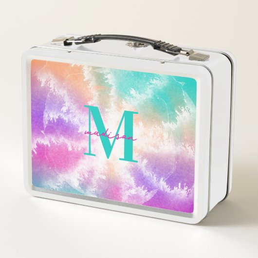 絞り染めパステルピンクオレンジティール(緑がかった色)パープルモノグラム メタルランチボックス (裏面)