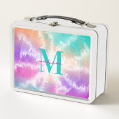 絞り染めパステルピンクオレンジティール(緑がかった色)パープルモノグラム メタルランチボックス (正面)