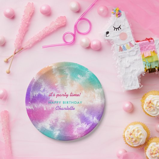 絞り染めパステルピンクオレンジティール(緑がかった色)パープル誕生日 ペーパープレート (パーティー)