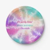 絞り染めパステルピンクオレンジティール(緑がかった色)パープル誕生日 ペーパープレート (正面)
