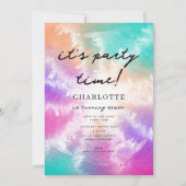 絞り染めパステルピンクオレンジティール(緑がかった色)パープル誕生日 招待状 (正面)