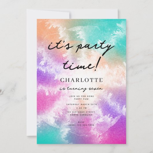 絞り染めパステルピンクオレンジティール（緑がかった色）パープル誕生日 招待状 (正面)