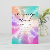 絞り染めパステルピンクオレンジティール(緑がかった色)パープル誕生日 招待状 (スタンド正面)