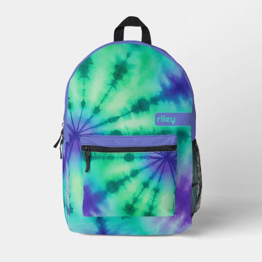 絞り染めパターンシーフォームターコイズ-名前をカスタムする プリントバックパック (正面)