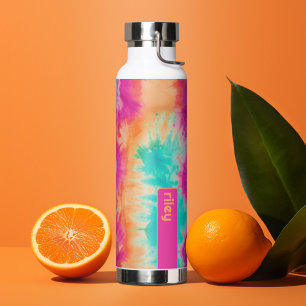 絞り染めパターンホットピンクオレンジティール（緑がかった色）-名前をカスタムする ウォーターボトル