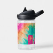 絞り染めパターンホットピンクオレンジティール（緑がかった色）名前をカスタムする ウォーターボトル (左面)