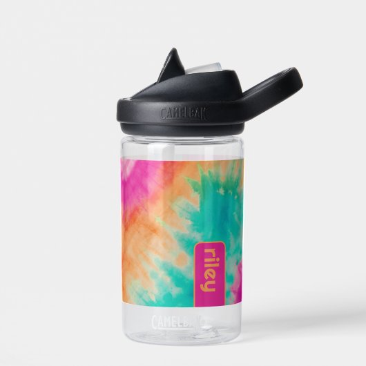 絞り染めパターンホットピンクオレンジティール（緑がかった色）名前をカスタムする ウォーターボトル (左面)