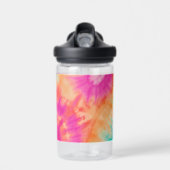 絞り染めパターンホットピンクオレンジティール（緑がかった色）名前をカスタムする ウォーターボトル (正面)