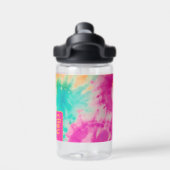 絞り染めパターンホットピンクオレンジティール（緑がかった色）名前をカスタムする ウォーターボトル (背面)